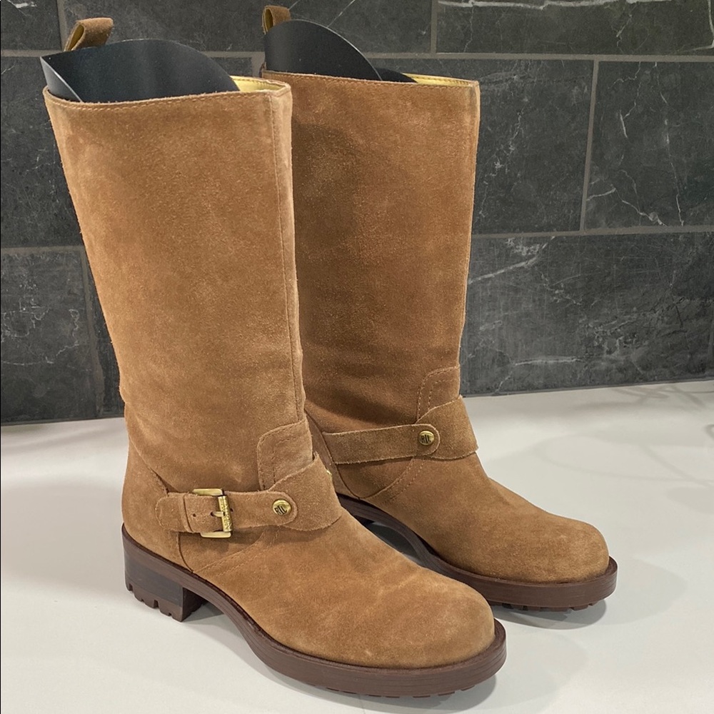Lauren Ralph Lauren Motorcycle Boots Mid Calf Tan Suede Pull On Lug Soles Size 7